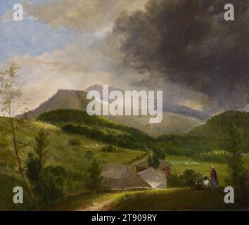 In avvicinamento tempesta, White Mountains, 1820s, Alvan Fisher, americano, 1792 - 1863, 1/4 x 5/8 pollici (51,44 x 60,01 cm), Oil on Canvas, Stati Uniti, XIX secolo, Approach Storm mostra un paesaggio idealizzato, qui, le White Mountains del New Hampshire. Mentre il meticoloso rendering della terra e delle persone di Fisher ci fa concentrare su ciò che ha dipinto, non su come lo ha dipinto, le pennellate che formano le nuvole sono abbastanza ovvie. La massa oscura che minaccia una tempesta suggerisce il ruolo di Fisher nel preparare il palcoscenico per la scuola del fiume Hudson, anticipando l'approccio romantico al paesaggio sostenuto da Albert Foto Stock