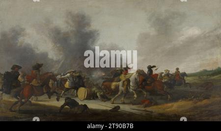 A Battle Scene, 1632, Anthonie Palamedesz, olandese, 1601 - 1673, 1/16 x 31 poll. (43,34 x 78,74 cm) (sight)21 3/4 x 35 5/8 pollici (55,25 x 90,49 cm) (telaio esterno), olio su pannello di legno, Paesi Bassi, XVII secolo, Anthonie Palamedesz., chiamato Palamedes Stevaerts, era un pittore di Delft meglio conosciuto per i suoi dipinti militari e "allegri compagnia". Questa scena di battaglia risale a quello che è considerato il periodo di lavoro più originale di Stevaerts, 1632-34. Nei decenni successivi, favorì i soggetti più statici delle sale di guardia e degli accampamenti Foto Stock