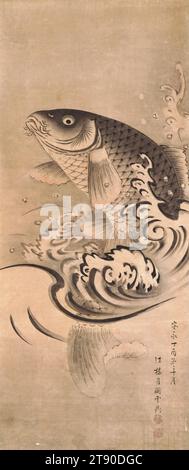 Carp Leaping Out of Water Right of a pair of Carps, 1777, Tsukioka Settei, giapponese, 1710 - 1786, 50 11/16 x 3/16 poll. (128,75 x 53,82 cm) (immagine)78 9/16 x 27 3/8" (199,55 x 69,53 cm) (montaggio, senza rullo), inchiostro su carta, Giappone, XVIII secolo, poiché koi (la parola giapponese per carpa) significa anche amore, la carpa è uno degli emblemi della buona fortuna e due carpe rappresentano la felicità coniugale. La forza espressa dalla carpa destra potrebbe suggerire che lui sia il maschio, mentre la carpa elegantemente nuoto è la femmina. La carpa giusta viene catturata di profilo quando è quasi completamente fuori dall'acqua Foto Stock
