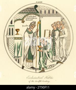 Abitudini ecclesiastiche normanne del XII secolo. Pontefice o vescovo con crozier benedice sacerdote con calice. Da Harley MS a roll, Y vi. Incisione colorata a mano di Joseph Strutt dalla sua visione completa dell'abito e delle abitudini del popolo d'Inghilterra, Henry Bohn, Londra, 1842. Foto Stock