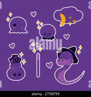 Set di adesivi di simpatici personaggi magici in colorazioni viola mistiche e alla moda. Elementi di progettazione vettoriale con linea tratteggiata e traccia bianca. Simpatico serpente, con cappello da strega, fantasma, sacchetto per carte di tarocchi e sfera di cristallo. EPS Illustrazione Vettoriale