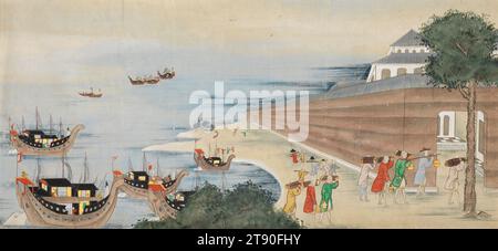 Gli olandesi che scaricano il carico a Dejima, 19th Century, Unknown Nagasaki School, 12 5/8 x 27 3/16 pollici (32,07 x 69,06 cm) (vista), inchiostro, colore e oro su carta, Giappone, XIX secolo, nel XVI secolo, Nagasaki, nell'estremo sud-ovest del Giappone, fu trasformata da un remoto villaggio di pescatori in una vivace città portuale frequentata da visitatori portoghesi, cinesi e del sud-est asiatico. Un secolo dopo, lo shogunato Tokugawa designò Nagasaki come uno degli unici porti internazionali ufficiali del Giappone. Questo dipinto ritrae un gruppo di olandesi che trasportano merci in un complesso murato a Dejima Foto Stock
