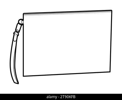 Pochette silhouette. Illustrazione tecnica degli accessori moda. Borsa a mano vettoriale frontale vista a 3-4° per uomo, donna, unisex, borsetta piatta con disegno CAD isolato Illustrazione Vettoriale