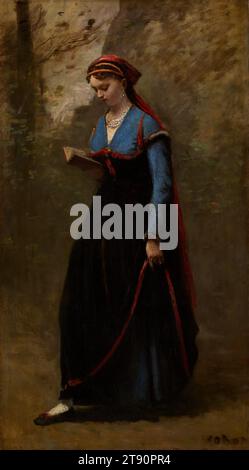 Il lettore, 1868, Jean-Baptiste-Camille Corot, francese, 1796-1875, 29 9/16 x 1/2 poll. (75,09 x 41,91 cm) (tela), olio su tela, Francia, XIX secolo Foto Stock