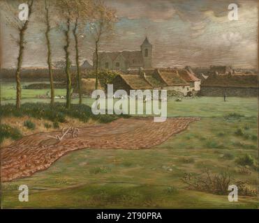 La Chiesa di Chailly, 1868-1869, Jean-Francois Millet, francese, 1814-1875, 28 1/16 x 34 1/4 poll. (71,3 x 87 cm) 36 1/2 x 42 3/4 x 3 1/4 pollici (92,71 x 108,59 x 8,26 cm) (cornice esterna), pastello e pastello Conté su carta beige, Francia, XIX secolo, Un artista paesaggista dotato, Jean-Francois Millet era un maestro della terra centrale, in grado di evocare uno spazio sconfinato nella stretta striscia tra il primo piano e la linea dell'orizzonte. Qui raffigurava lussureggianti pascoli verdi, un gregge di pecore al pascolo, un pastore solitario, un uomo che guidava un carro agricolo, una fila di case di paglia e alcuni alberi e recinzioni Foto Stock