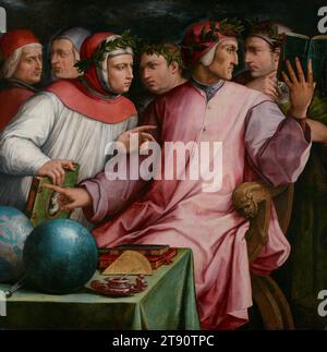 Sei poeti toscani, 1543–44, Giorgio Vasari, italiano (Firenze), italiano (Firenze), 1511–1574, 52 x 51 5/8 poll. (132,08 x 131,13 cm) (tela)62 1/8 x 61 5/8 x 3/4 pollici (157,8 x 156,53 x 12,07 cm) (cornice esterna), olio su tavola, Italia, XVI secolo, questo ritratto di gruppo di sei illustri poeti e scrittori toscani celebra l'età d'oro della letteratura italiana del XIV e XV secolo e il ruolo di questi individui nell'elevare la letteratura e nobilitare la lingua Foto Stock