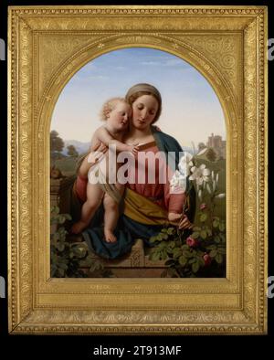 Madonna col bambino, 1855, Franz Ittenbach, tedesco, 1813 - 1879, 43 3/4 x 33 3/4 poll. (111,13 x 85,73 cm) (tela), olio su tela, Germania, XIX secolo, Ittenbach è considerato uno dei principali pittori religiosi della Germania del XIX secolo. Devoto cattolico, viaggiò in tutta la Germania, dipingendo pale d'altare e opere d'arte destinate alla decorazione della chiesa. Popolare tra la nobiltà cattolica tedesca, Ittenbach dipinse in uno stile preciso e realistico influenzato dall'arte fiamminga e rinascimentale italiana, continuando la tradizione della scuola Nazarena Foto Stock