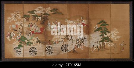 Cherry Viewing Party, prima metà del XVIII secolo, attribuito a Miyagawa Chōshun, giapponese, 1682 - 1752, 59 5/8 x 136 pollici. (151,45 x 345,44 cm) (pittura), inchiostro e colore su carta, Giappone, Nikuhitsu ukiyo-e, questo schermo colorato illustra un passatempo stagionale giapponese preferito, la vista dei ciliegi in fiore. All'interno di un recinto chiuso, gli uomini e le donne vestiti sontuosamente sono mostrati mentre si divertono con un gioco di marionette con l'accompagnamento della musica suonata sullo shamisen dal collo lungo. Alcuni membri del partito siedono davanti a un elegante paravento dipinto, dimostrando così come questi oggetti sono stati utilizzati Foto Stock