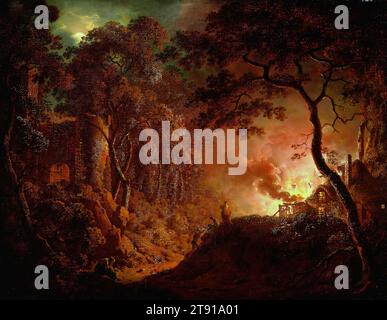 Cottage on Fire, c. 1786-1787, Joseph Wright of Derby, British, 1734–1797, 22 7/8 x 30 pollici (58,1 x 76,2 cm) (tela), olio su tela, Inghilterra, XVIII secolo, questa scena notturna presenta contrasti drammatici: La calda luce rossa del fuoco contro la fredda luce bianca della luna, il cottage consumato bruscamente dalle fiamme in contrapposizione al castello in lento declino. Gli insoliti effetti di luce affascinarono Joseph Wright, che conosceva diversi eminenti scienziati inglesi che indagavano sulla natura della luce e della visione. Dopo un viaggio in Italia nel 1773-75, dove assistette a una violenta eruzione del Vesuvio Foto Stock