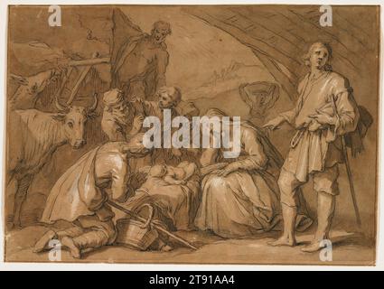 Adorazione dei pastori, 1615, Abraham Bloemaert, olandese, 1566–1651, 7/8 x 10 poll. (17,46 x 25,4 cm) (foglio)15 3/4 x 19 13/16" (40,01 x 50,32 cm) (cornice esterna), penna e inchiostro nero e lavaggio marrone con tocchi di bianco su gesso nero su carta calcarea, Paesi Bassi, XVII secolo Foto Stock