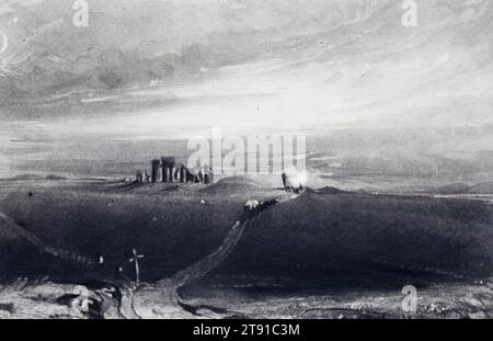 Stonehenge, 1830-1855, John Constable; creatore: David Lucas, British, 1776–1837, 7 x 10 poll. (17,78 x 25,4 cm) (piatto), Mezzotint, Inghilterra, XIX secolo Foto Stock