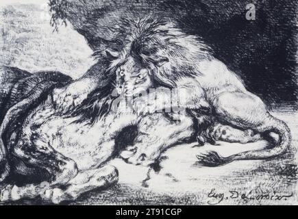 Lion Devouring a Horse, 1844, Eugène Delacroix, francese, 1798–1863, 11/16 x 5/16 pollici (16,99 x 23,65 cm) (immagine)11 13/16 x 1/4" (30 x 43,82 cm) (foglio), litografia, Francia, XIX secolo Foto Stock