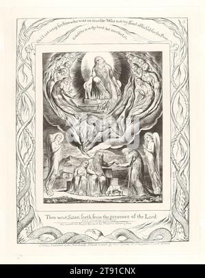 Poi Satana uscì dalla presenza del Signore, 1825, William Blake, British, 1757–1827, 7/16 x 5/8 poll. (21,43 x 16,83 cm) (foglio), Engraving, England, 19th Century, Plate V non si basa sul testo biblico. Qui Job condivide la sua ultima pagnotta di pane con un mendicante cieco. Lo fa perché è la cosa giusta da non fare perché naturalmente vuole farlo. Tale carità può essere concessa e ricevuta solo con la mano sinistra. Il Dio del lavoro tiene il suo posto stringendosi al libro della legge; il rotolo che rappresenta i lati migliori della vita di Giobbe che ha ignorato appare penzolante Foto Stock