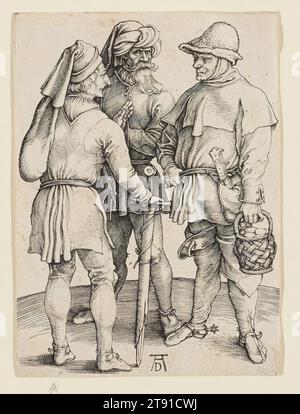 Three Market Peasants, 1497-1498, Albrecht Dürer, tedesco, 1471–1528, 3/16 x 3 poll. (10,64 x 7,62 cm) (immagine), incisione, Germania, XV-XVI secolo Foto Stock