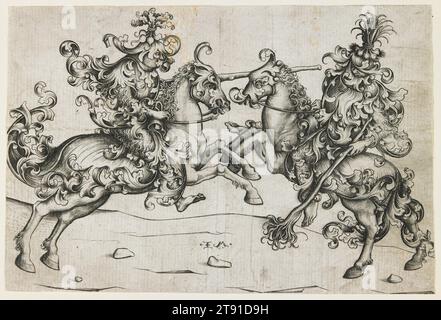 Joust of Two Wild Men, c. 1480, Israhel van Meckenem, tedesco, c. 1445–1503, 1/16 x 1/2 poll. (12,86 x 19,05 cm) (immagine), incisione, Germania, XV secolo, in questa parodia sugli eccessi di cortese sfarzo, il copricapo degli uomini selvaggi che giocherellano indica la loro lealtà. Le barbabietole (sinistra) si scontrano con i porri (destra). Attraverso la loro stravagante armatura a forma di piantagione, possiamo intravedere l'intenso sguardo della barbabietola e il sorriso infuocato del cavaliere per i porri Foto Stock