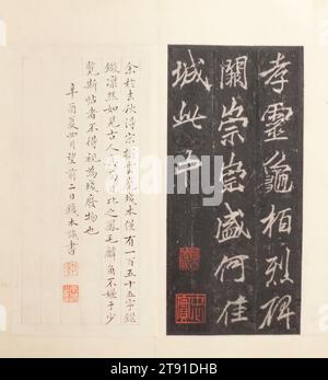 Rubbings of the li Ssu-hsun, XIII secolo, li Yung, Chinese, 678 - 747, 3/4 x 6 3/16 x 1/8 pollici (1,91 x 15,72 x 33,34 cm), inchiostro su carta, Cina, XIII secolo, questo album di gomme è stato realizzato durante il XIII secolo da una tavoletta di pietra incisa nel 720 da li Yung, uno dei calligrafi più popolari della dinastia Tang. Il testo dello script in esecuzione (hsing-shu) è tratto dalla tavoletta commemorativa del famoso generale li Ssu-shun. Li Yung si specializzò nell'incisione commemorativa, completando più di 800 nella sua vita e accumulando una piccola fortuna nel processo. Foto Stock