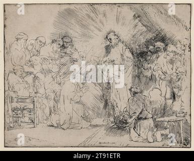 Cristo che appare agli Apostoli, 1650, Rembrandt Harmensz. Van Rijn, olandese, 1606–1669, 6 7/16 x 8 3/8 pollici (16,4 x 21,2 cm) (piastra e foglio), incisione, Paesi Bassi, XVII secolo, queste due stampe appartengono ad una serie vagamente definita sulla vita di Cristo. Possono essere visti come una coppia di pendenti. In entrambi, Cristo si rivela nella carne agli esseri umani comuni, prima ai pastori nell'oscurità della scuderia della Natività, poi ai suoi discepoli come uomo risorto dai morti in un tripudio di luce. Foto Stock