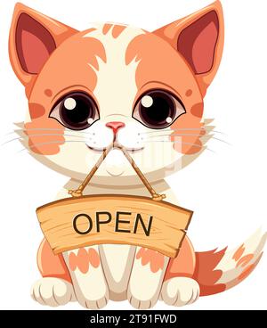 Gatto carino che usa la bocca per tenere uno striscione aperto in legno Illustrazione Vettoriale