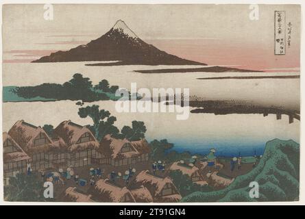 Dawn at Isawa in provincia di Kai, 1830-1833, Katsushika Hokusai; Editore: NISHIMURAYA Yohachi, giapponese, 1760 - 1849, 9 3/4 x 14 5/8 poll. (24,7 x 37,1 cm) (immagine, foglio, orizzontale ōban)19 x 23 x 1/2" (48,26 x 58,42 x 3,81 cm) (cornice esterna), stampa in legno (nishiki-e); inchiostro e colore su carta, Giappone, XIX secolo Foto Stock