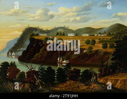 View of West Point, c. 1850, Thomas Chambers, americano (nato in Inghilterra), 1808 - 1869, 22 x 30 pollici (55,88 x 76,2 cm) (tela), olio su tela, Stati Uniti, XIX secolo, Thomas Chambers molto probabilmente dipinse questa vibrante vista dell'accademia militare di West Point quando viveva nella valle del fiume Hudson, a New York. I motivi audaci e colorati degli alberi, della parete rocciosa e dei fiori, e alcune incongruenze in scala, mostrano l'originalità del suo stile autodidatta. Dispositivi artistici come la vista sulle colline, alberi spezzati in primo piano e il fiume che si snoda in lontananza nebbiosa rivelano la sua conoscenza Foto Stock