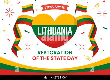 Lituania Restauro dell'illustrazione vettoriale della giornata dello Stato il 16 febbraio con Waving Flag in Happy Independence Holiday Flat Cartoon background Illustrazione Vettoriale