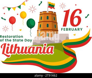 Lituania Restauro dell'illustrazione vettoriale della giornata dello Stato il 16 febbraio con Waving Flag in Happy Independence Holiday Flat Cartoon background Illustrazione Vettoriale