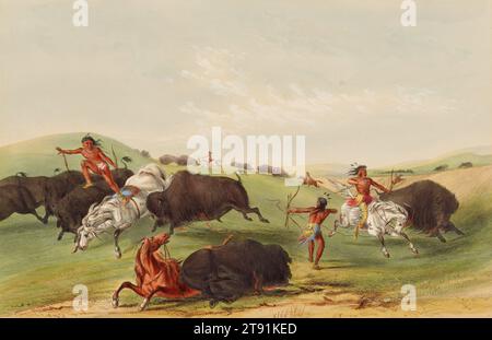 Caccia ai bufali: Chase, 1844, George Catlin, americano, 1796 - 1872, 12 x 3/4 poll. (30,48 x 45,09 cm) (immagine, foglio), litografia colorata a mano, Stati Uniti, XIX secolo Foto Stock