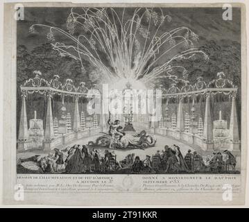 Spettacolo di fuochi d'artificio presentato al delfino al suo sesto compleanno il 3 settembre 1735, nei giardini di Meudon, 1736, Charles-Nicolas Cochin II, francese, 1715-1790, 7/8 x 7/16 poll. (40,32 x 49,37 cm) (piastra)16 3/4 x 2n0 1/4" (42,55 x 51,44 cm) (foglio), incisione e incisione, Francia, XVIII secolo, per il sesto compleanno del giovane principe Luigi, erede di re Luigi XV, una festa stravagante fu data al castello reale di Meudon, a cinque miglia da Parigi. I giardini reali furono trasformati nel mitico Giardino delle Esperidi, e prima del piccolo gruppo (di adulti) Foto Stock