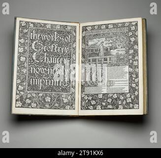 Le opere di Geoffrey Chaucer, ora recentemente impresse, 1896, William Morris; autore: Geoffrey Chaucer; illustratore: Edward Coley Burne-Jones; incisore: incisioni in legno di William Harcourt Hooper; redattore: Frederick S. Ellis; stampante: William Morris a Kelmscott Press, Hammersmith, Inghilterra; Editore: Kelmscott Press, Hammersmith, Inghilterra, Regno Unito, 1834 - 1896, 17 x 12 x 2 5/8 pollici (43,18 x 30,48 x 6,67 cm) (chiuso), incisioni in legno, letterpress in inchiostro nero e rosso; volume rilegato, Inghilterra, XIX secolo Foto Stock