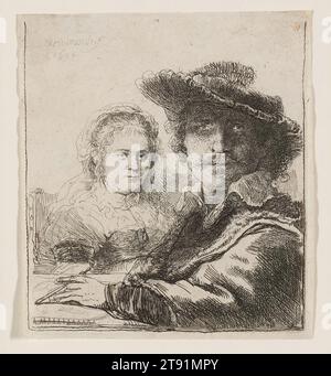 Rembrandt e sua moglie Saskia, 1636 anni, Rembrandt Harmensz. Van Rijn, olandese, 1606–1669, 4 1/4 x 3 3/4 poll. (10,8 x 9,6 cm) (foglio), Etching and drypoint, Paesi Bassi, XVII secolo, Saskia Uylenburgh era la figlia di un ricco burgomaster di Leeuwarden. Quando rimase orfana all'età di dodici anni, andò a vivere con i parenti ad Amsterdam. Questi includevano il commerciante d'arte Hendrick Uylenburgh, che probabilmente ha mediato molte delle prime commissioni di ritratti di Rembrandt. Saskia e Rembrandt si incontrarono attraverso Hendrick e si sposarono nel 1634, un'unione che non solo rafforzò la posizione sociale di Rembrandt Foto Stock