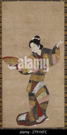 Ballerina con fan, metà del XVII secolo, sconosciuto giapponese, 21 7/16 x 10 3/4 pollici (54,5 x 27,3 cm) (immagine)53 3/8 x 11/16" (135,5 x 34,7 cm) (supporto) 40 cm (con rulli), inchiostro, colore, oro e divertimento su carta, Giappone, Nikuhitsu ukiyo-e Foto Stock