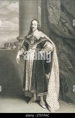 Carlo i, re di Gran Bretagna, 1770, Sir Robert Strange; artista: Dopo Anthony van Dyck, fiammingo, 1599–1641, 19 1/16 x 13 3/8 pollici. (48,42 x 33,97 cm) (immagine)21 15/16 x 1/8" (55,72 x 35,88 cm) (piastra)21 3/4 x 3/8" (55,25 x 36,51 cm) (foglio), incisione e incisione, Inghilterra, XVIII secolo Foto Stock