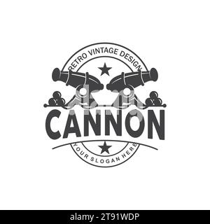 Logo Cannon, elegante design semplice stile vintage retro, vettoriale di artiglieria da guerra, icona simbolo illustrazione Illustrazione Vettoriale