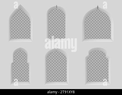 Set di cornici per finestre arabe isolate su sfondo trasparente. Illustrazione vettoriale realistica delle tradizionali porte ad arco islamiche vuote all'interno, moschea musulmana, palazzo reale arabo, design di edifici antichi Illustrazione Vettoriale