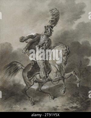 Charging Hussar on Horseback, c. 1805-1810, Carle Vernet, francese, 1758–1836, 7/8 x 13 poll. (40,3 x 33 cm) (foglio)23 3/4 x 19 3/4" (60,33 x 50,17 cm) (cornice esterna), gesso bianco e nero, pennello e lavaggio grigio, accentuato con guazzo bianco, su carta blu, Francia, XIX secolo, Carle Vernet aveva talento per i soggetti militari in un periodo di intenso tumulto. Le sue raffigurazioni delle guerre napoleoniche non solo catturano la violenza e la grandezza dei conflitti, ma documentano anche le tattiche militari, le formazioni e la tecnologia del campo di battaglia, insieme alla sua cultura e moda Foto Stock