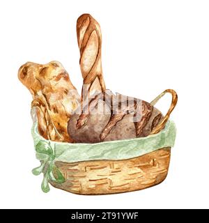 Varietà di pane in un cestello di paglia illustrazione ad acquerello isolato su sfondo bianco. Composizione di ciabatta disegnata a mano per panificio. Br. Di segale verniciato Foto Stock