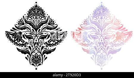 Serie vettoriale di acquerello e illustrazione nera della composizione floreale. Collezione di clip art con silhouette simmetriche di fiori e foglie Illustrazione Vettoriale