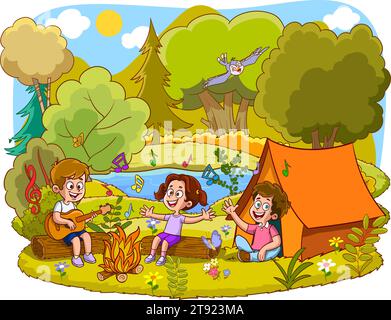 Illustrazione vettoriale di campeggio e trekking per bambini Illustrazione Vettoriale