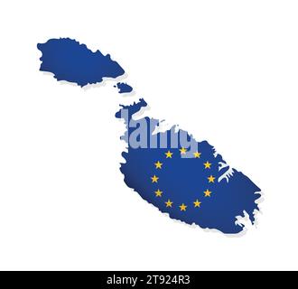 Illustrazione vettoriale con mappa isolata del membro dell'Unione europea - Malta. Stile maltese decorato dalla bandiera dell'UE con stelle dorate su sfondo blu Illustrazione Vettoriale