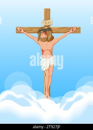 Illustrazione di Gesù Cristo inchiodato ad una croce con un bel cielo sullo sfondo Illustrazione Vettoriale