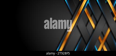 Strisce geometriche nere con linee blu brillanti e strisce dorate. Background tecnologico vettoriale Illustrazione Vettoriale