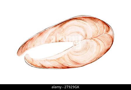 Bistecca di salmone al forno ad acquerello. Tagliare il pesce. Pesce cucinato. Illustrazione degli alimenti disegnati a mano. Concetto di stile di vita sano. Per menu, libro di cucina, confezione, S Foto Stock