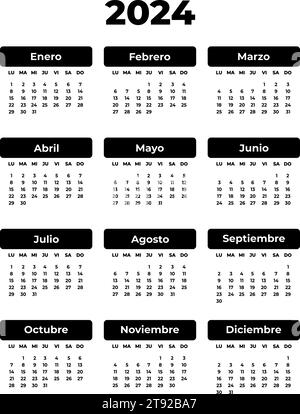 Calendario nero verticale spagnolo rettangolare per 2024 anni. Sfondo bianco. Immagine vettoriale isolata. Modello illustrativo per il design, il planner Illustrazione Vettoriale