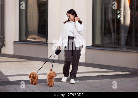 Una donna cammina per la strada cittadina con due cani di piccola taglia al guinzaglio. Animali domestici e persone. Foto Stock