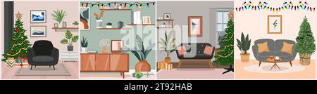 Natale, interno del soggiorno, arte vettoriale festiva. Illustrazione Vettoriale