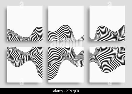 Set di sfondo quadrato con linea d'onda e ombra astratte in bianco e nero. Modello minimalista per post sui social media, background e online Illustrazione Vettoriale