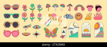 Set di adesivi hippie con funghi vintage, sole, fiori, labbra, occhi, occhiali da sole e altro ancora. Illustrazioni vettoriali Trippy Illustrazione Vettoriale