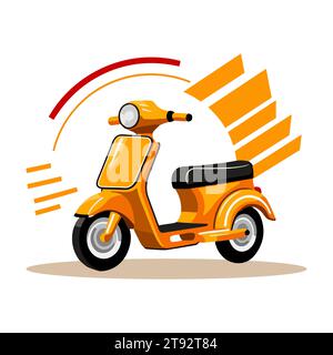 Scooter giallo per la consegna degli alimenti isolato su sfondo bianco. Stile cartoni animati. Illustrazione vettoriale Illustrazione Vettoriale