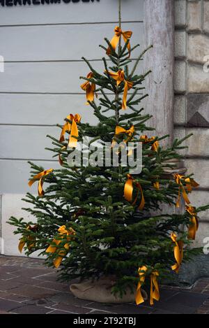 Scopri il fascino festivo di un albero di Natale adornato da nastri dorati su un terreno di pietra pavimentato. Sullo sfondo di una casa grigia Foto Stock