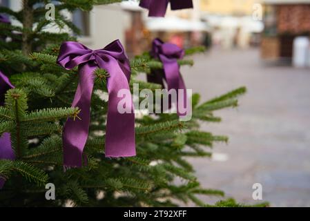 Immergiti nel fascino di un nastro di tessuto viola che adorna con grazia il ramo di un pino. La delicata attenzione allo sfondo urbano, senza confini Foto Stock